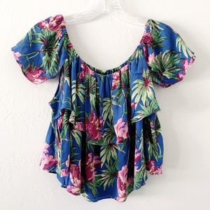 Topshop Blue Tropical Floral Off Shoulder Crop Top
